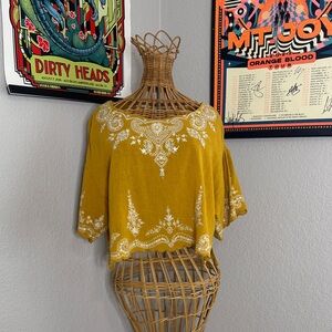 Free People Yellow Top with White Embroidery